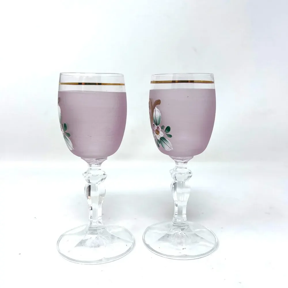 Hand Painted Bohemian Pink Cordial Glasses Set of 2‎ Gold Trim Flower VTG